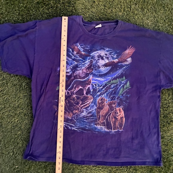 Vintage Men's 3XL Faded Black Nature Scene Wolves Bears Eagles With Full Moon - Picture 6 of 8